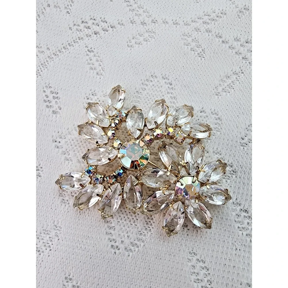 Vintage Mid Century Brooch Pin Floral Spray Rhinestone Sparkly Glam Statement